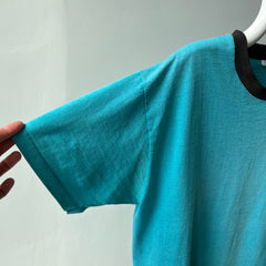 1980s Perfectly Worn Two Tone Blank Faded Turquoise and Black Single Stitch T-Shirt