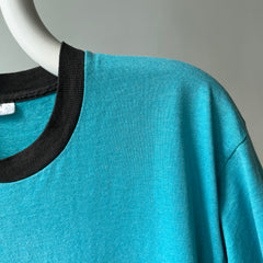 1980s Perfectly Worn Two Tone Blank Faded Turquoise and Black Single Stitch T-Shirt