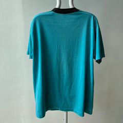 1980s Perfectly Worn Two Tone Blank Faded Turquoise and Black Single Stitch T-Shirt