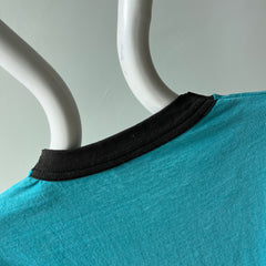 1980s Perfectly Worn Two Tone Blank Faded Turquoise and Black Single Stitch T-Shirt