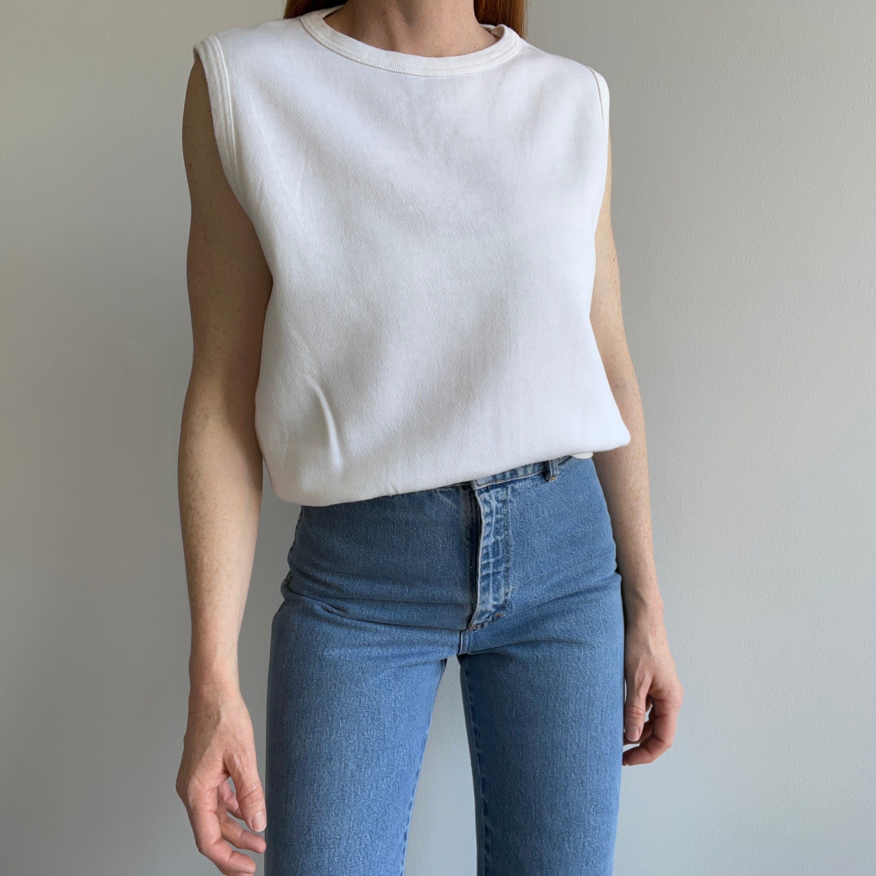 1970s Blank White Warm Up Sweatshirt Vest with Mending