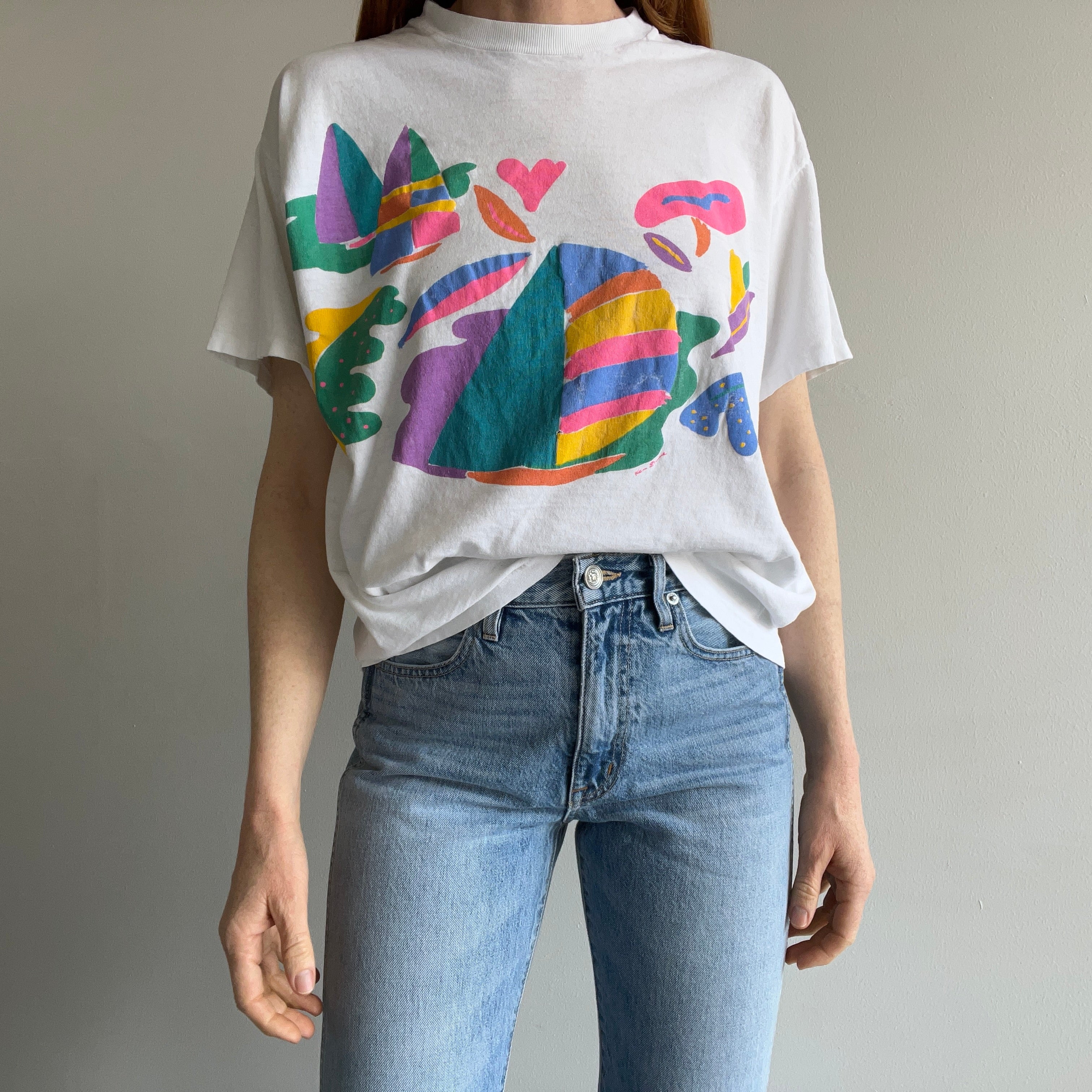 1980s Random Graphic Slouchy Cotton Knit T-Shirt