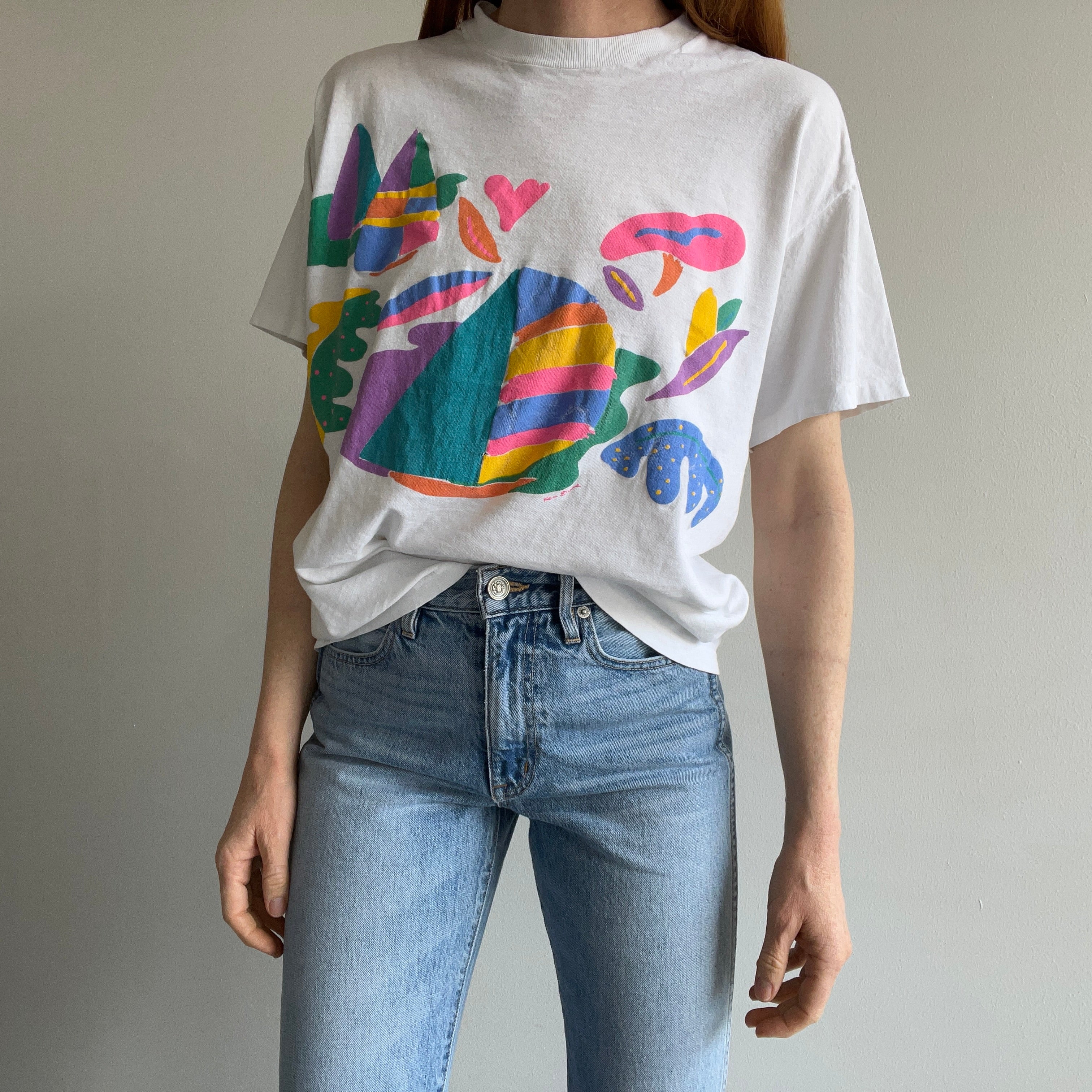 1980s Random Graphic Slouchy Cotton Knit T-Shirt