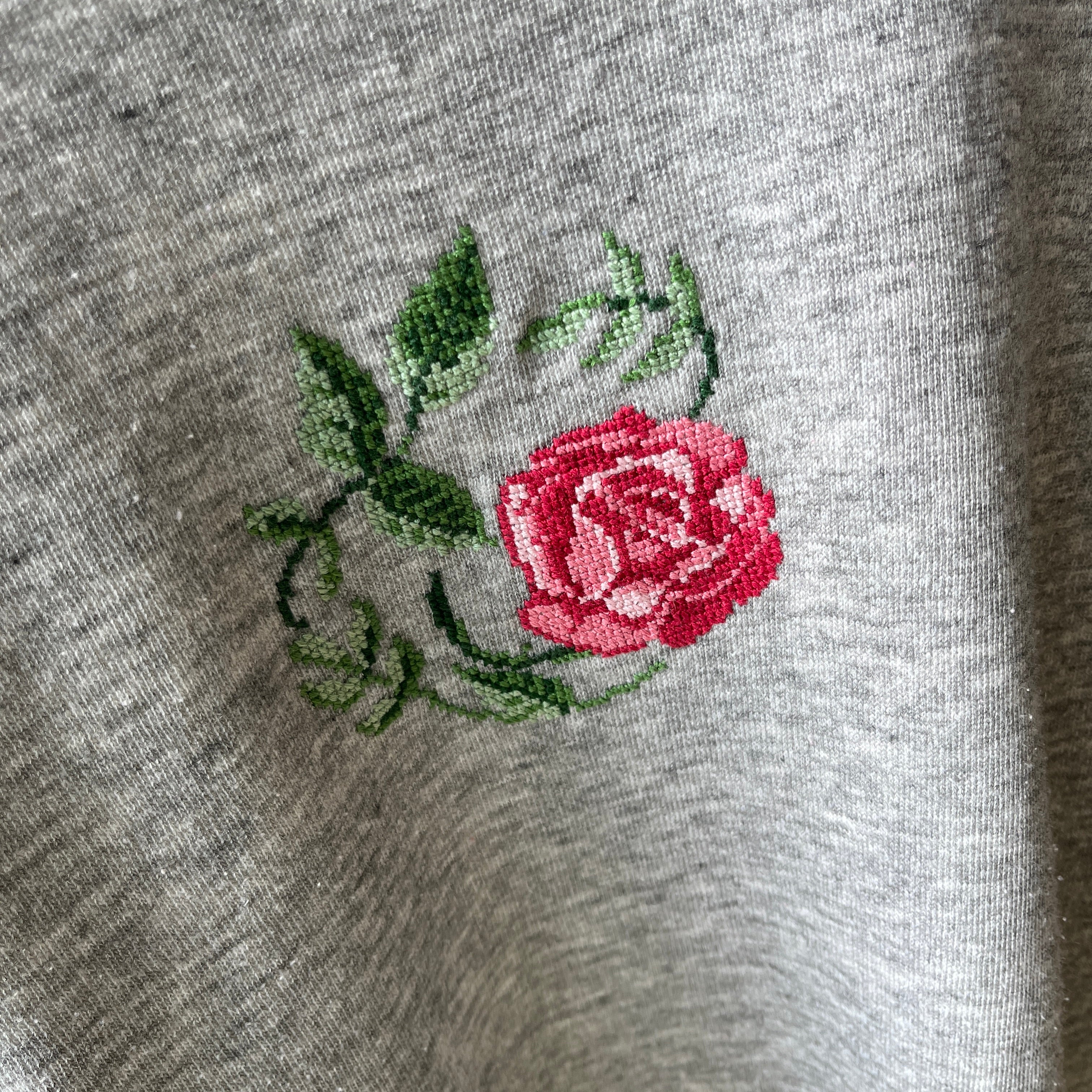 1980s Needlepoint DIY Rose Slouchy and Cozy Sweatshirt