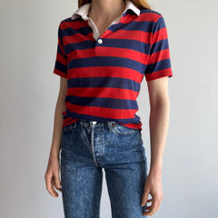 1970s Red, White and Blue Striped Worn Out and Destroyed Polo Shirt