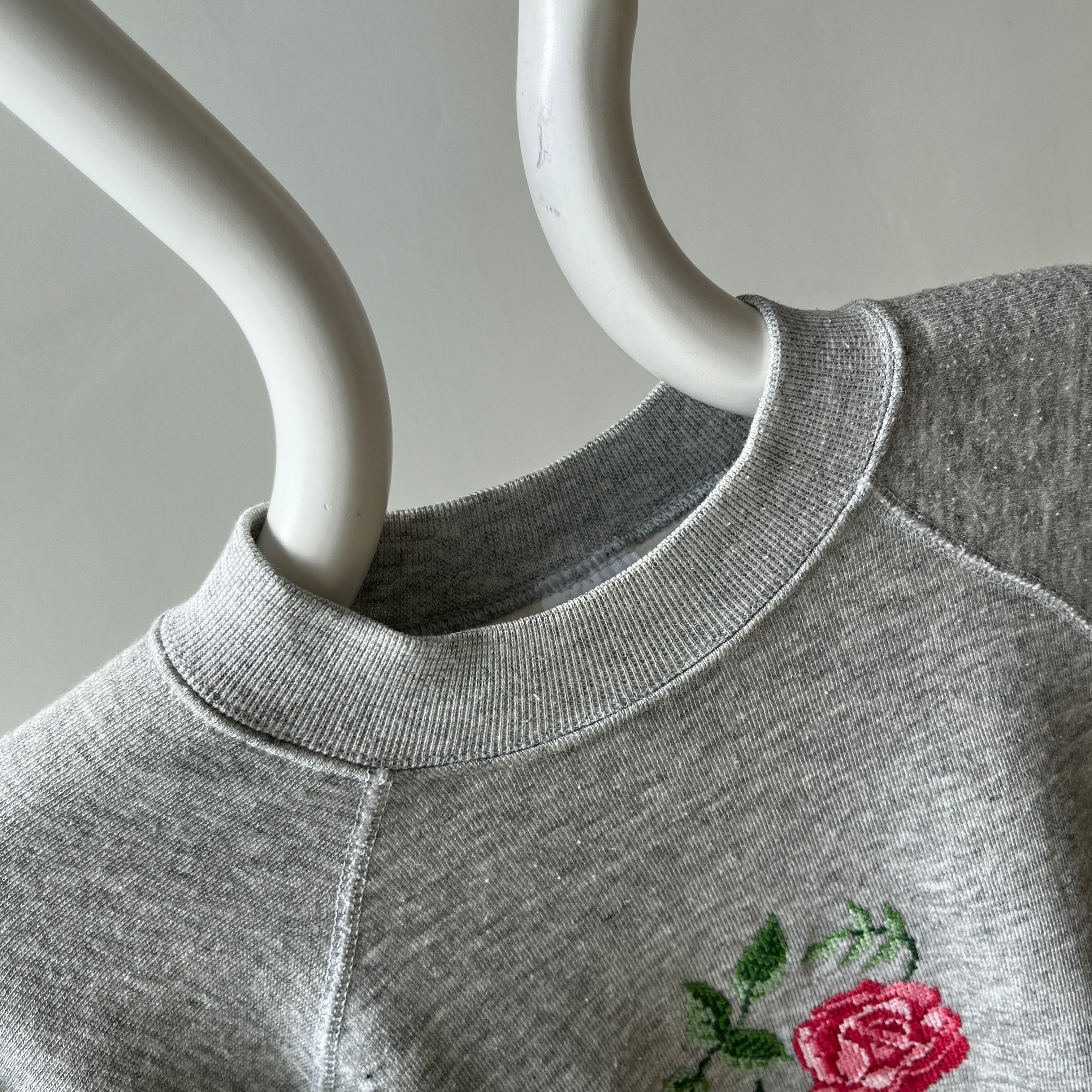 1980s Needlepoint DIY Rose Slouchy and Cozy Sweatshirt