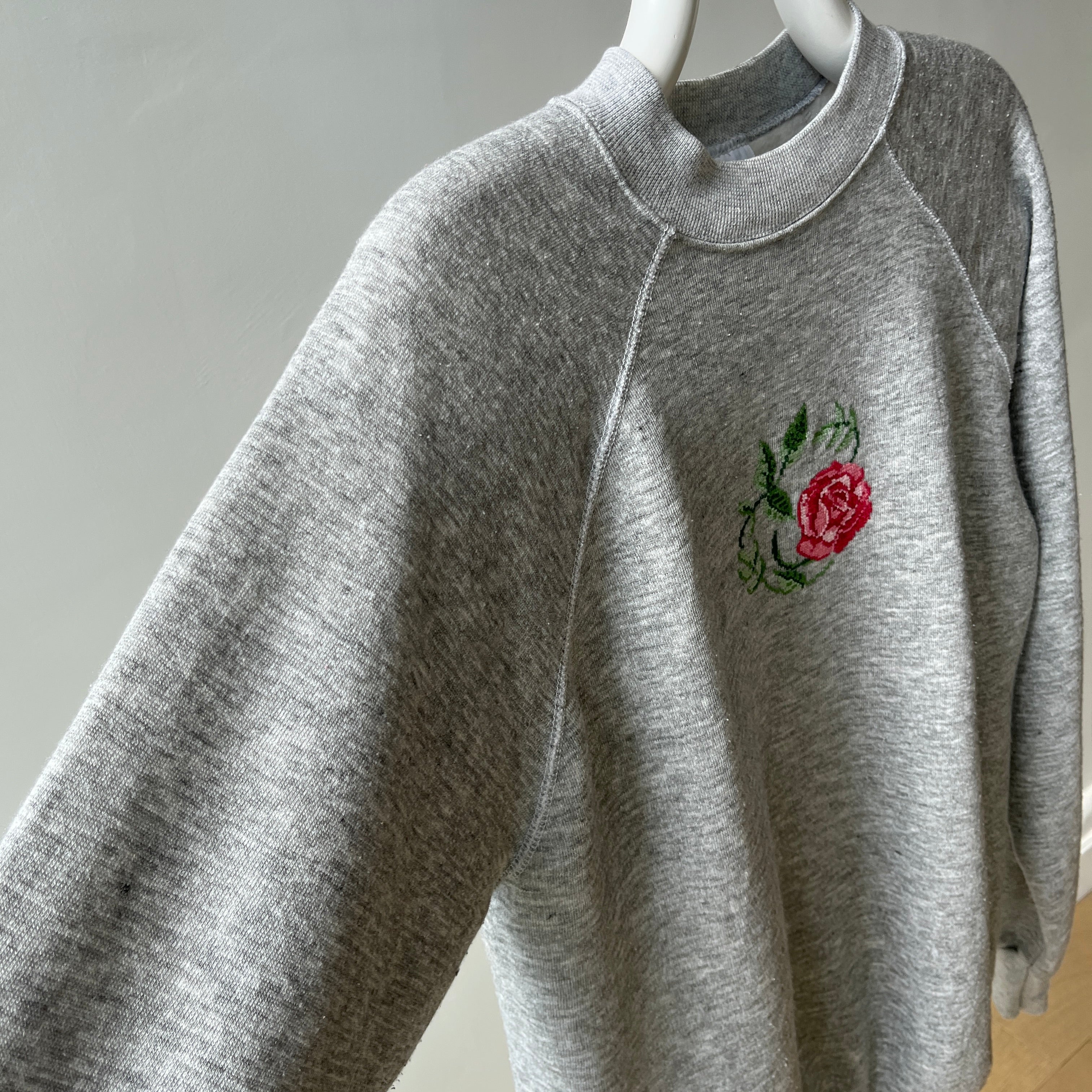 1980s Needlepoint DIY Rose Slouchy and Cozy Sweatshirt