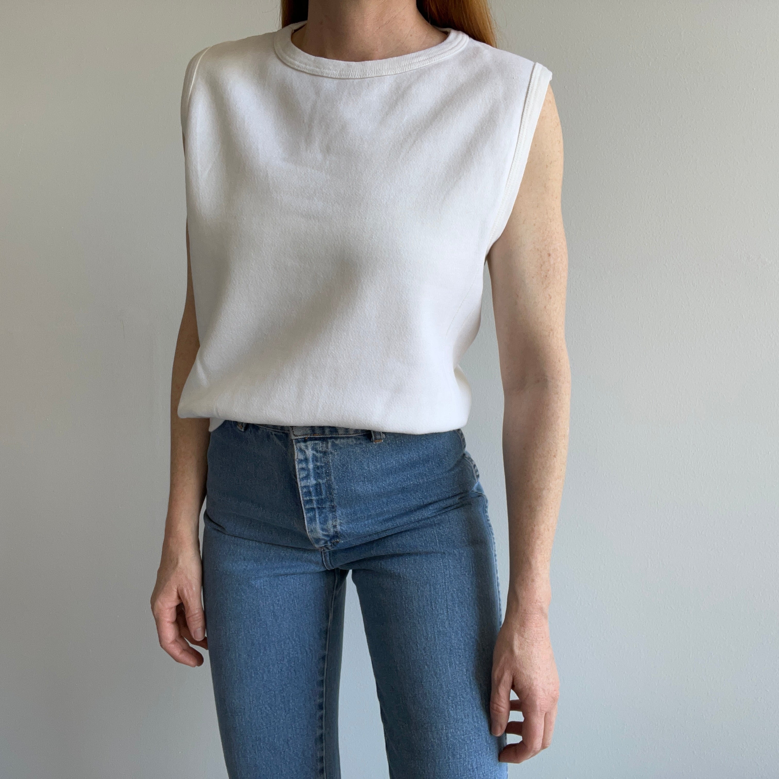 1970s Blank White Warm Up Sweatshirt Vest with Mending