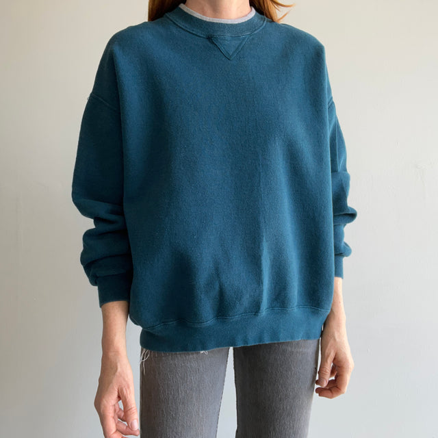 1990s Structured Deep Teal Sweatshirt with Gray Piping
