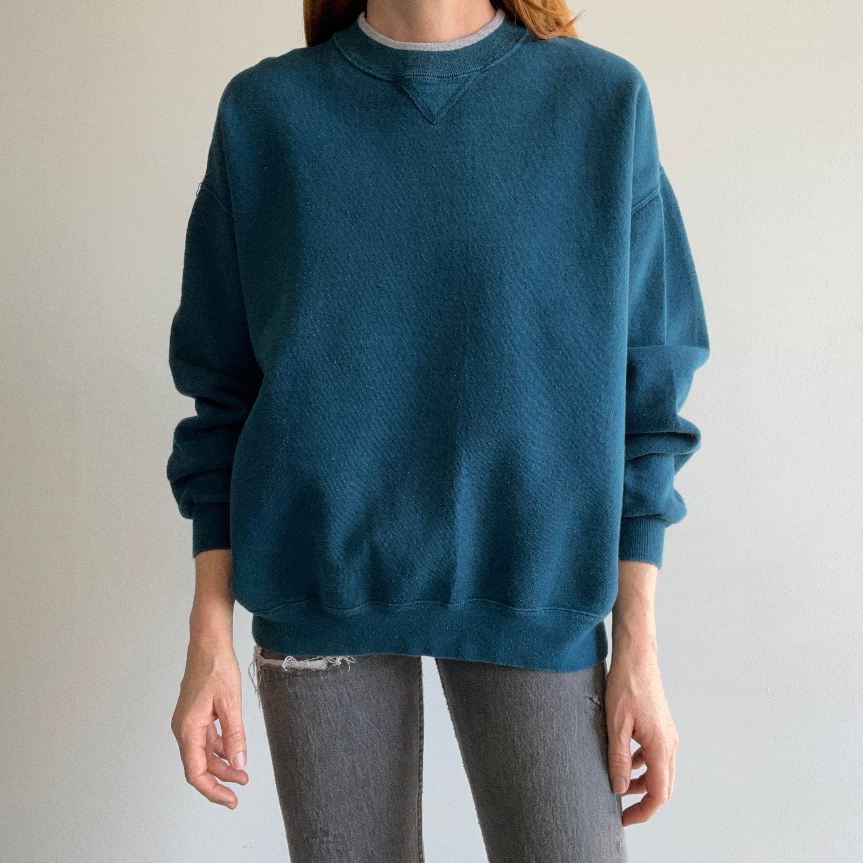 1990s Structured Deep Teal Sweatshirt with Gray Piping