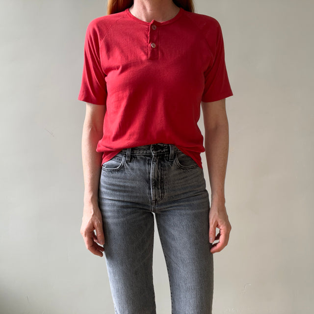 1970s Faded Red Short Sleeve Henley T Shirt