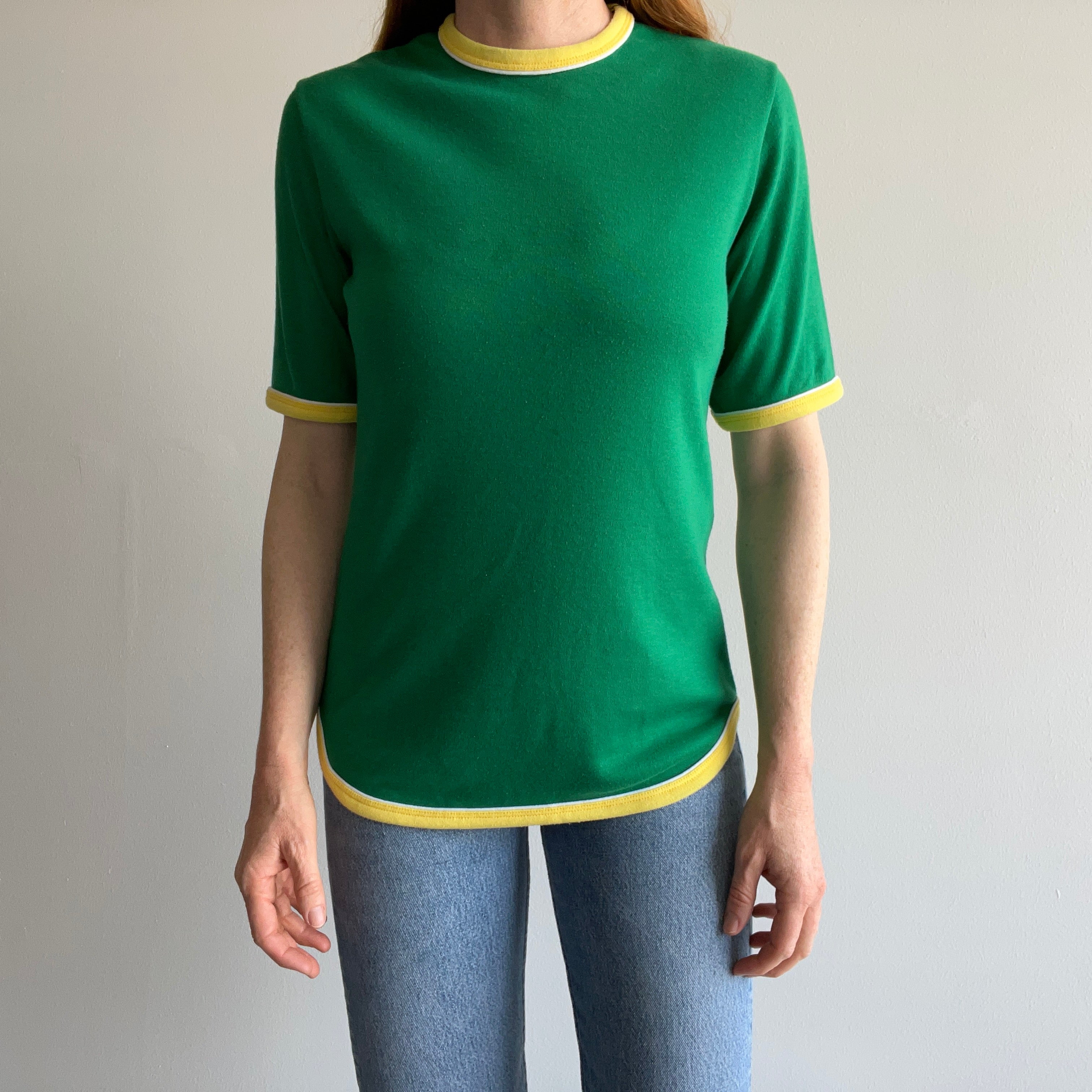 1980a Green Yellow and White Soft Jersey Knit Ring T-Shirt by Laguna