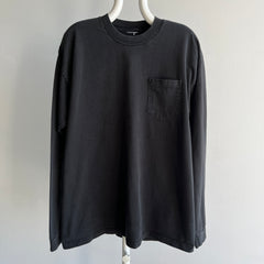 1990s Blank Perfectly Faded Long Sleeve Black Pocket T-Shirt by BVD