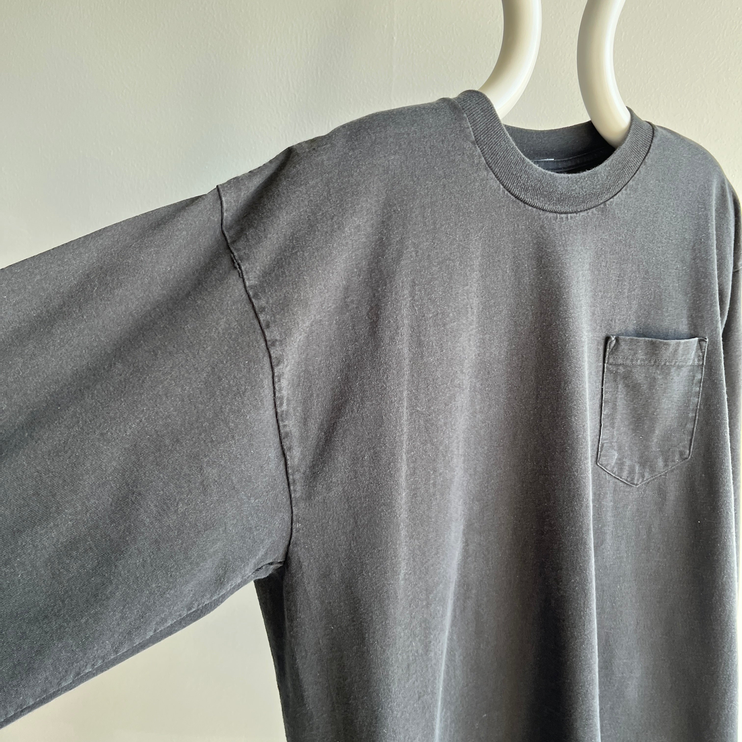 1990s Blank Perfectly Faded Long Sleeve Black Pocket T-Shirt by BVD