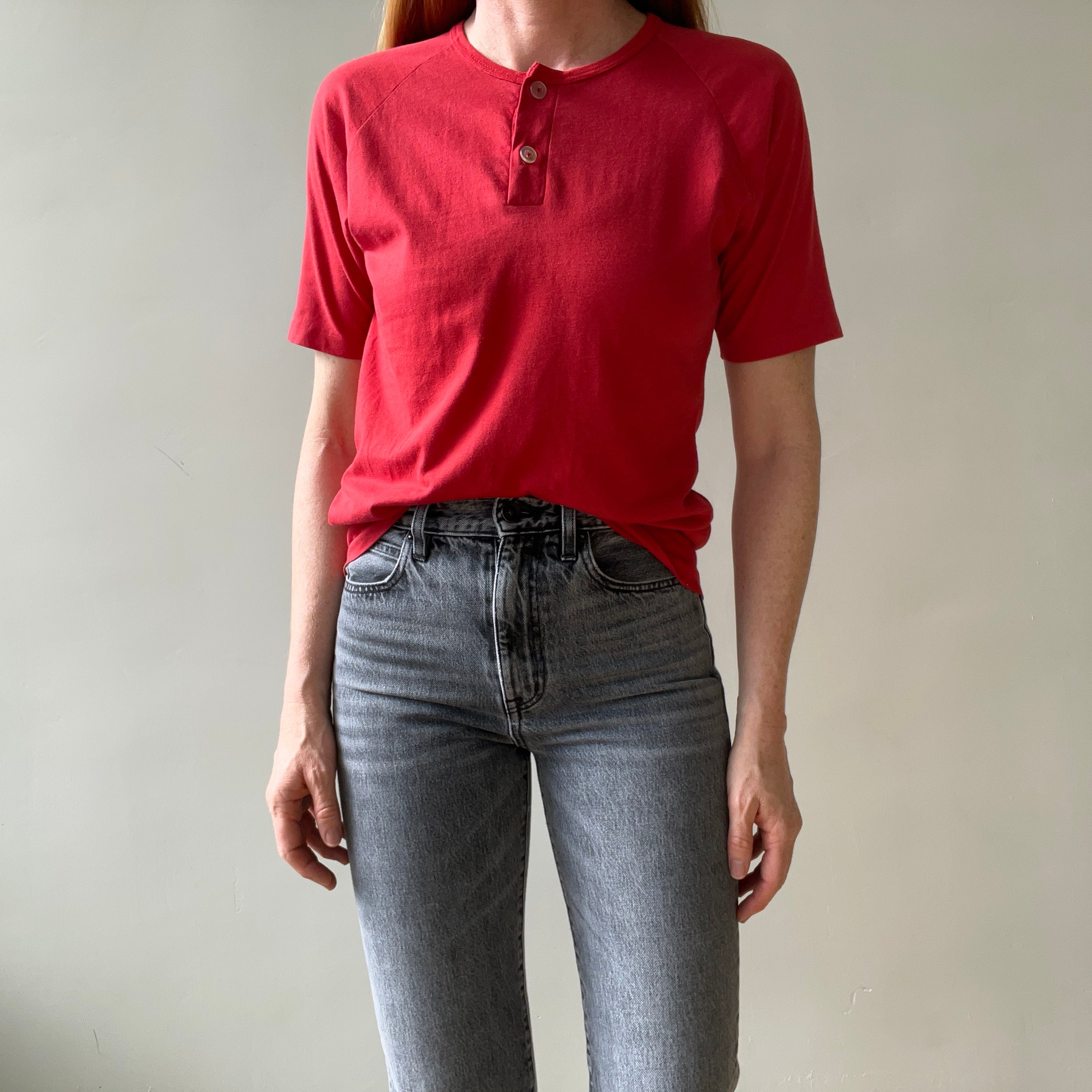 1970s Faded Red Short Sleeve Henley T Shirt