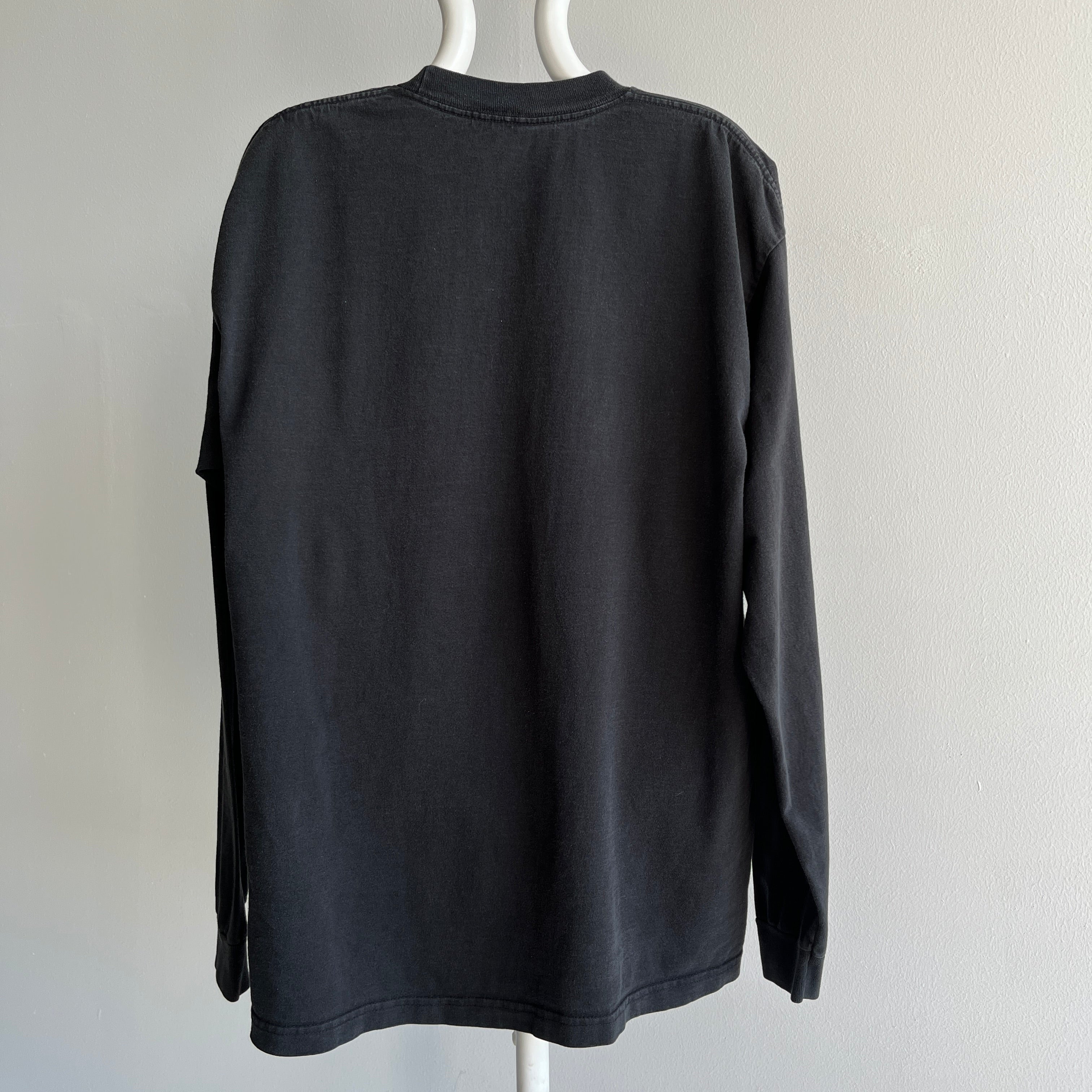 1990s Blank Perfectly Faded Long Sleeve Black Pocket T-Shirt by BVD