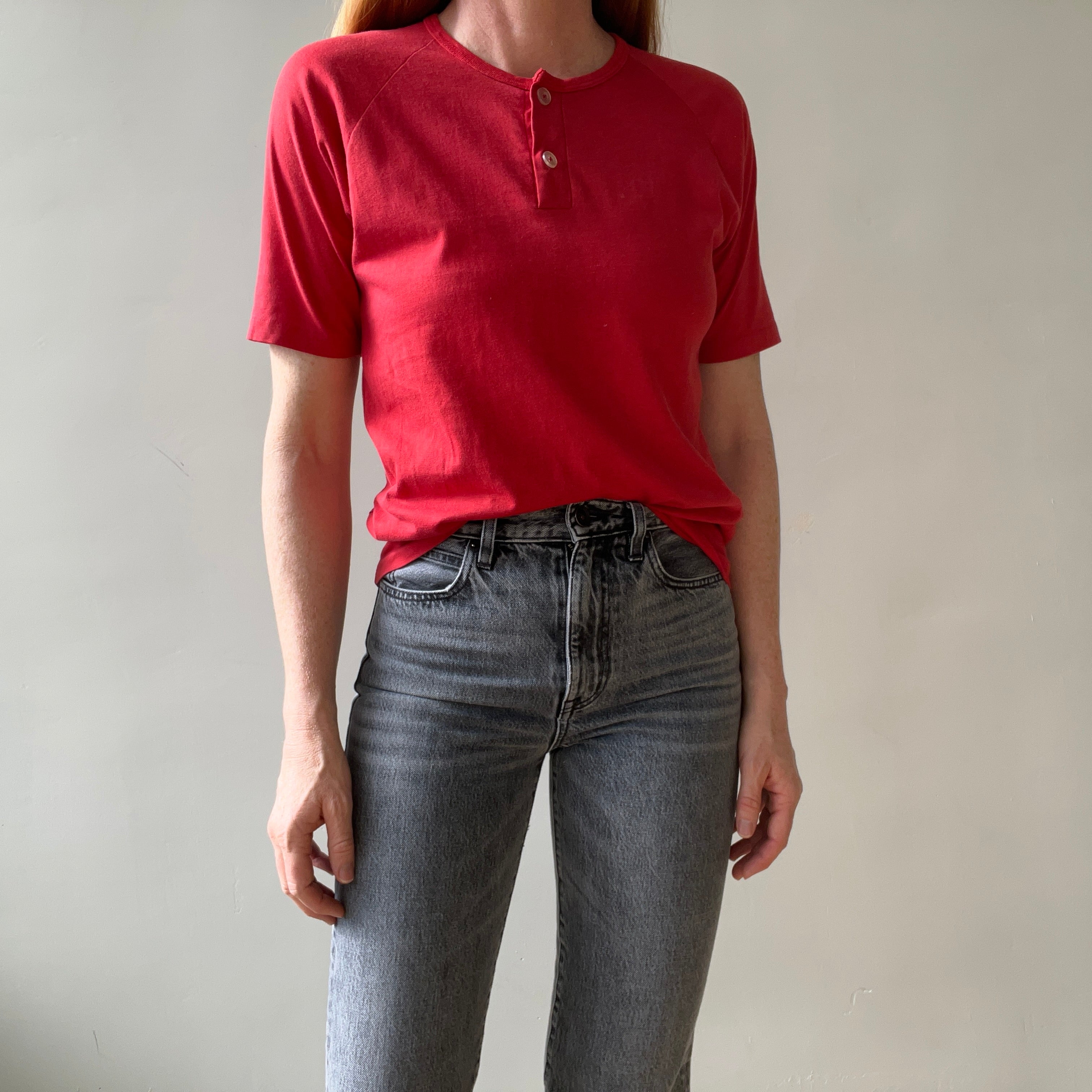 1970s Faded Red Short Sleeve Henley T Shirt