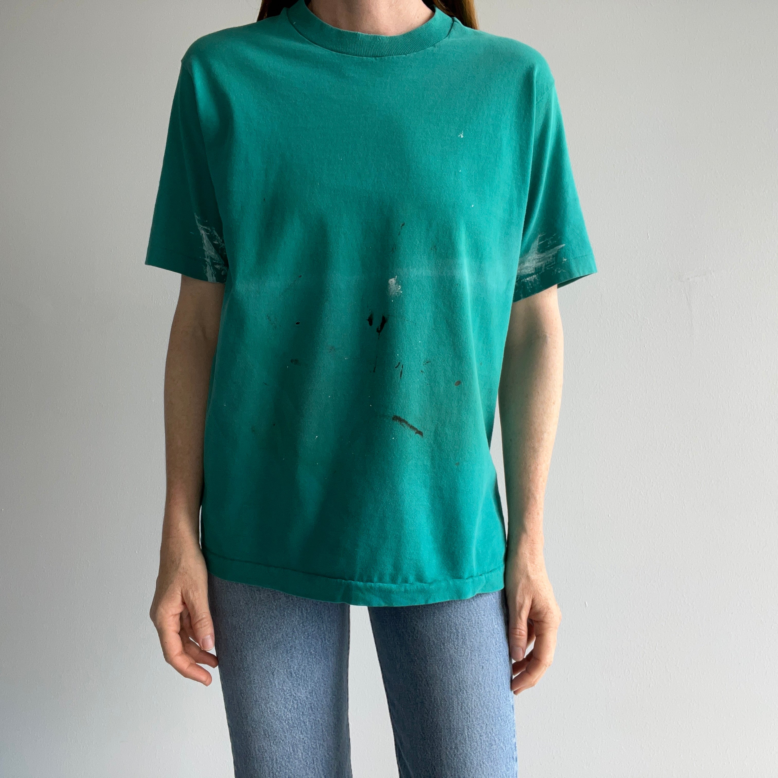 1980/90s Super Paint Stained an Beat Up Teal/Turquoise T-Shirt