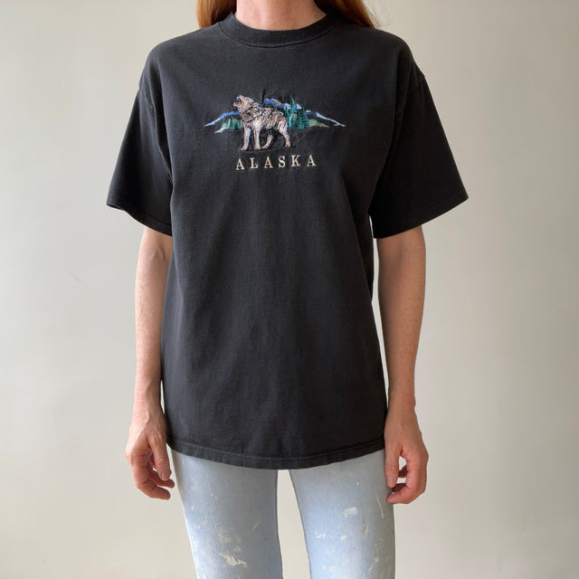 1990s Faded Black Embroidered Wolf T-Shirt