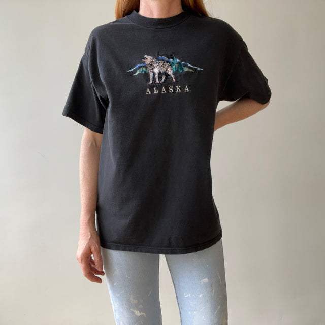 1990s Faded Black Embroidered Wolf T-Shirt