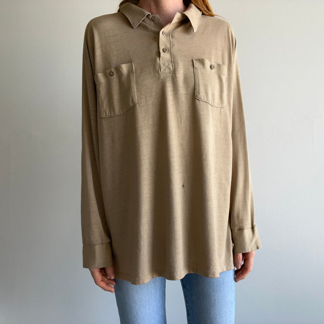 1970/80s Super Thin, Soft and Slouchy Long Sleeve Khaki Polo Shirt