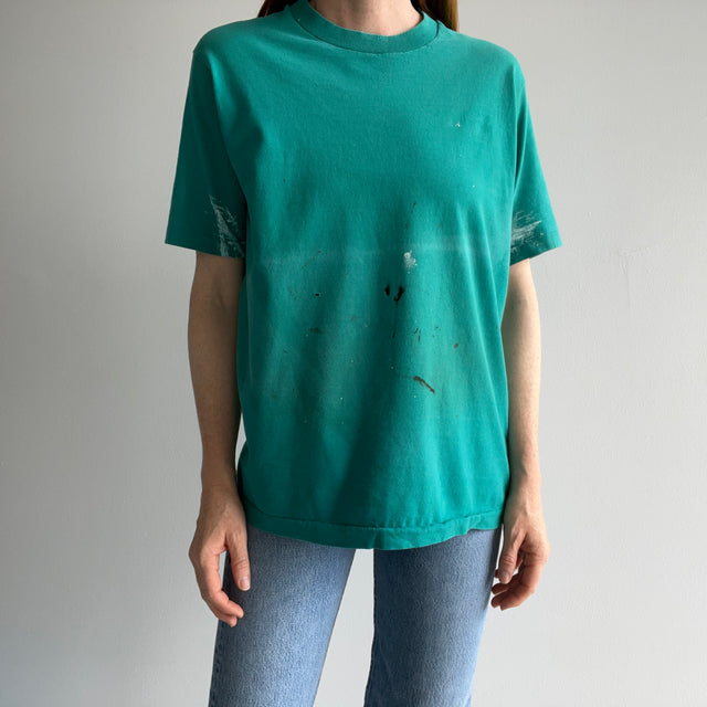 1980/90s Super Paint Stained an Beat Up Teal/Turquoise T-Shirt