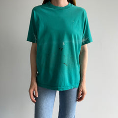 1980/90s Super Paint Stained an Beat Up Teal/Turquoise T-Shirt