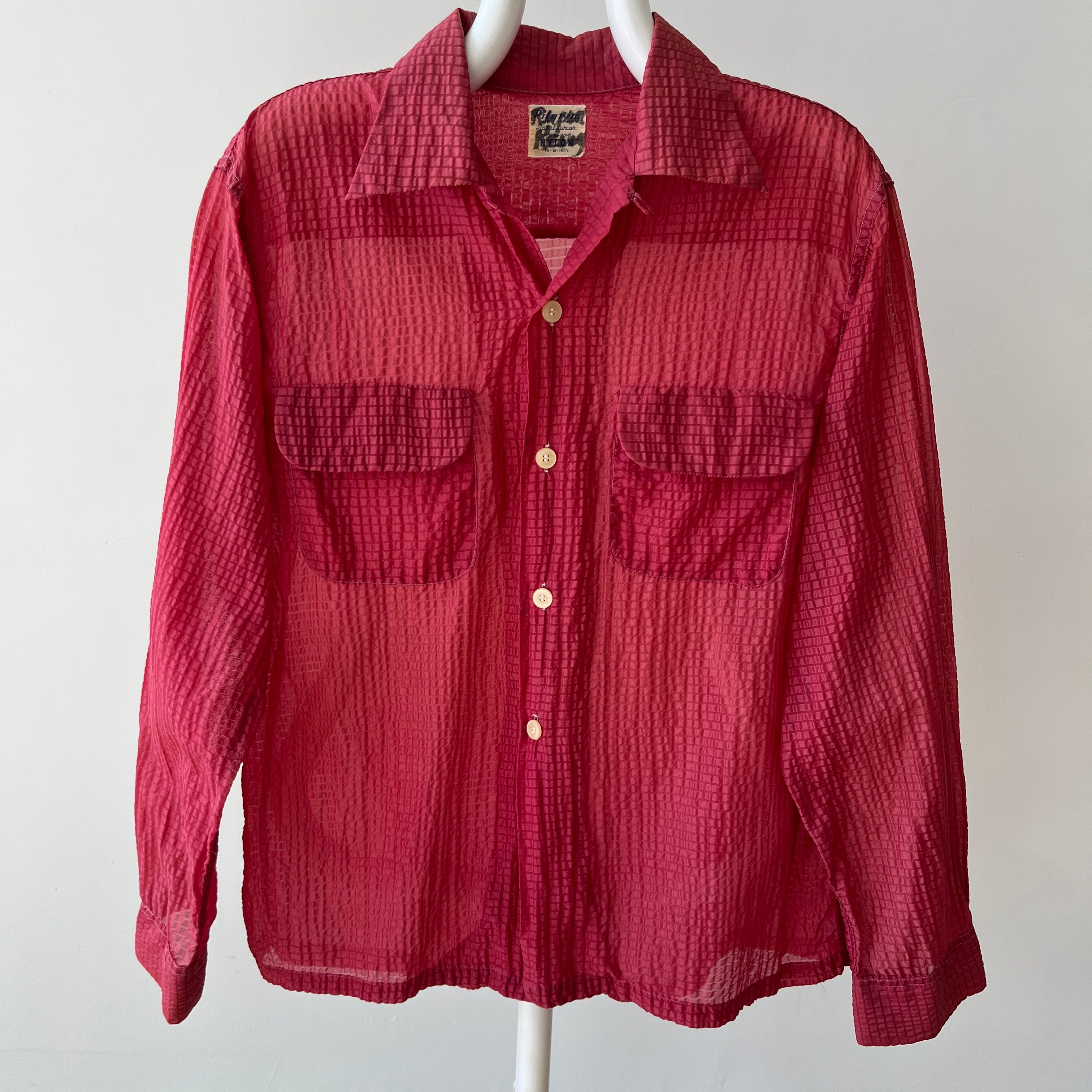 1950s Red Sheer Loop Collar Button Down Shirt