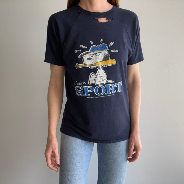 1970s Snoopy Sports Tattered and Torn Baseball Short-sleeve T-Shirt