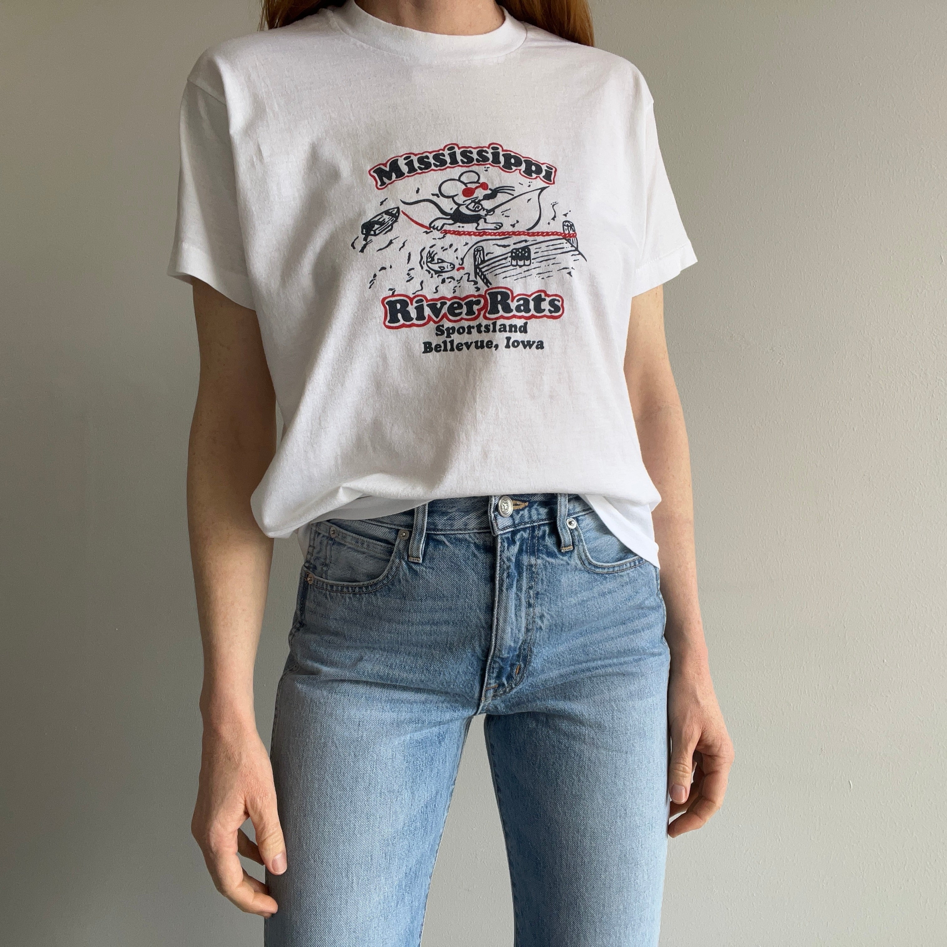 1980s Mississippi River Rats - Sportsland Bellevue, Iowa - T-Shirt by Screen Stars.