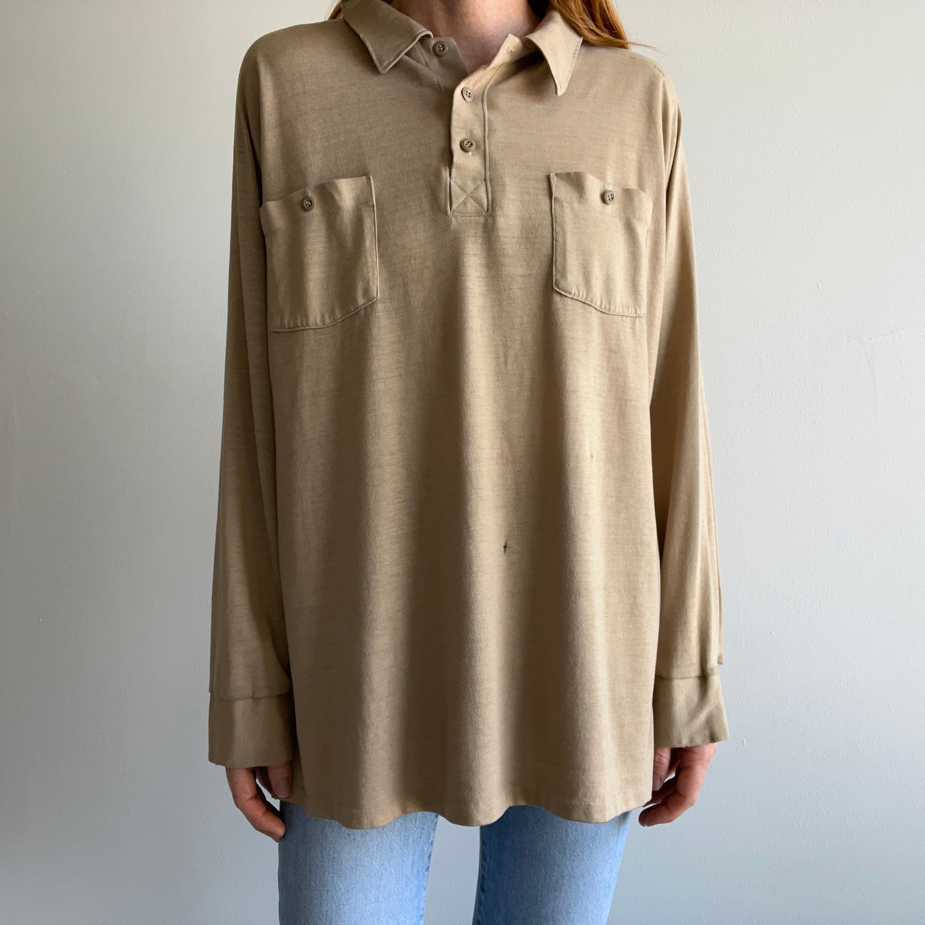 1970/80s Super Thin, Soft and Slouchy Long Sleeve Khaki Polo Shirt