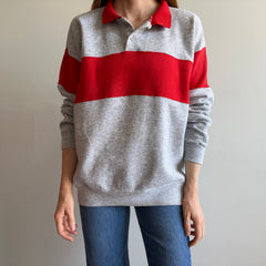 1980s Color Block Polo Sweatshirt - Red and Gray