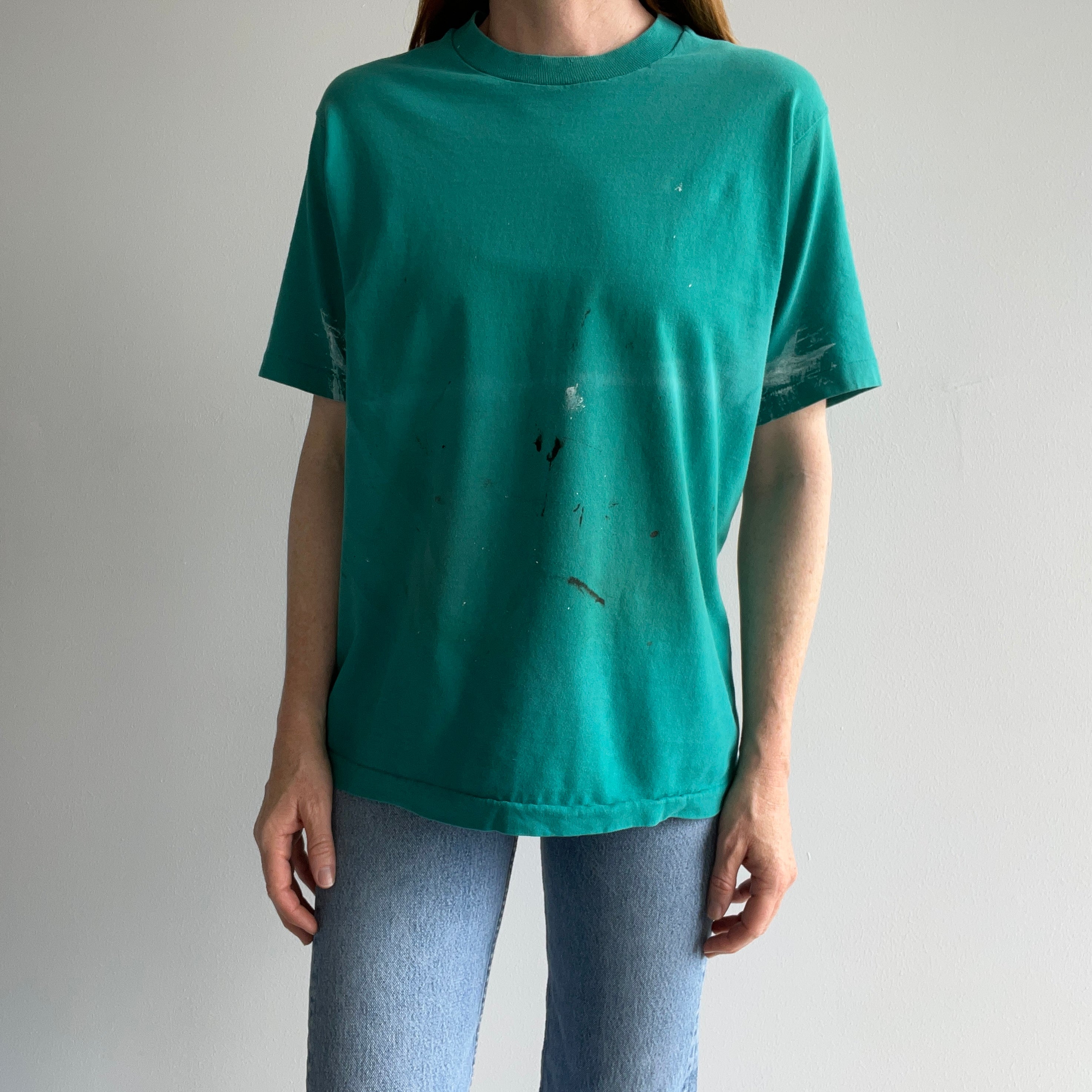 1980/90s Super Paint Stained an Beat Up Teal/Turquoise T-Shirt