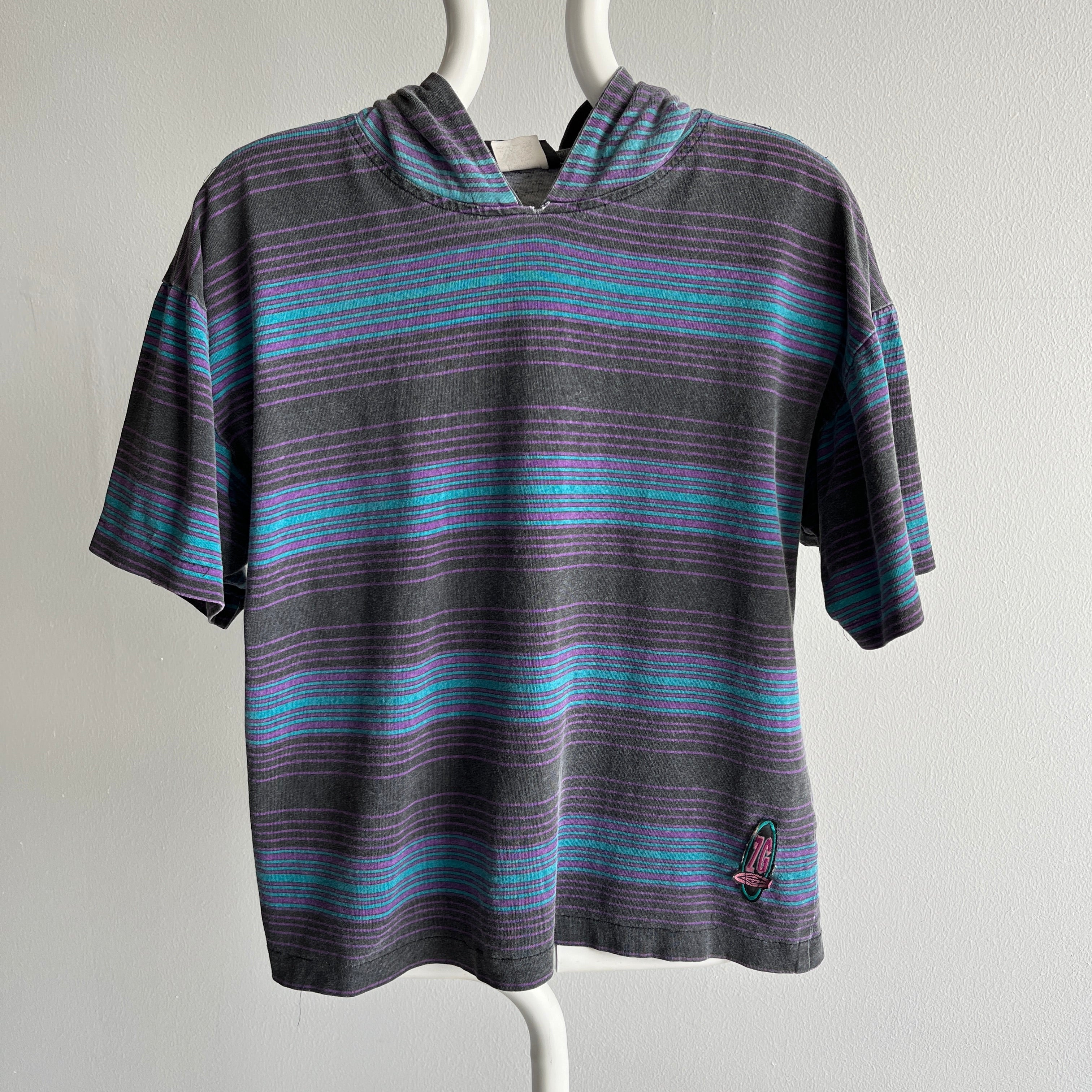 1980s Striped Short Sleeve Hoodie T-Shirt by Quicksilver - YES