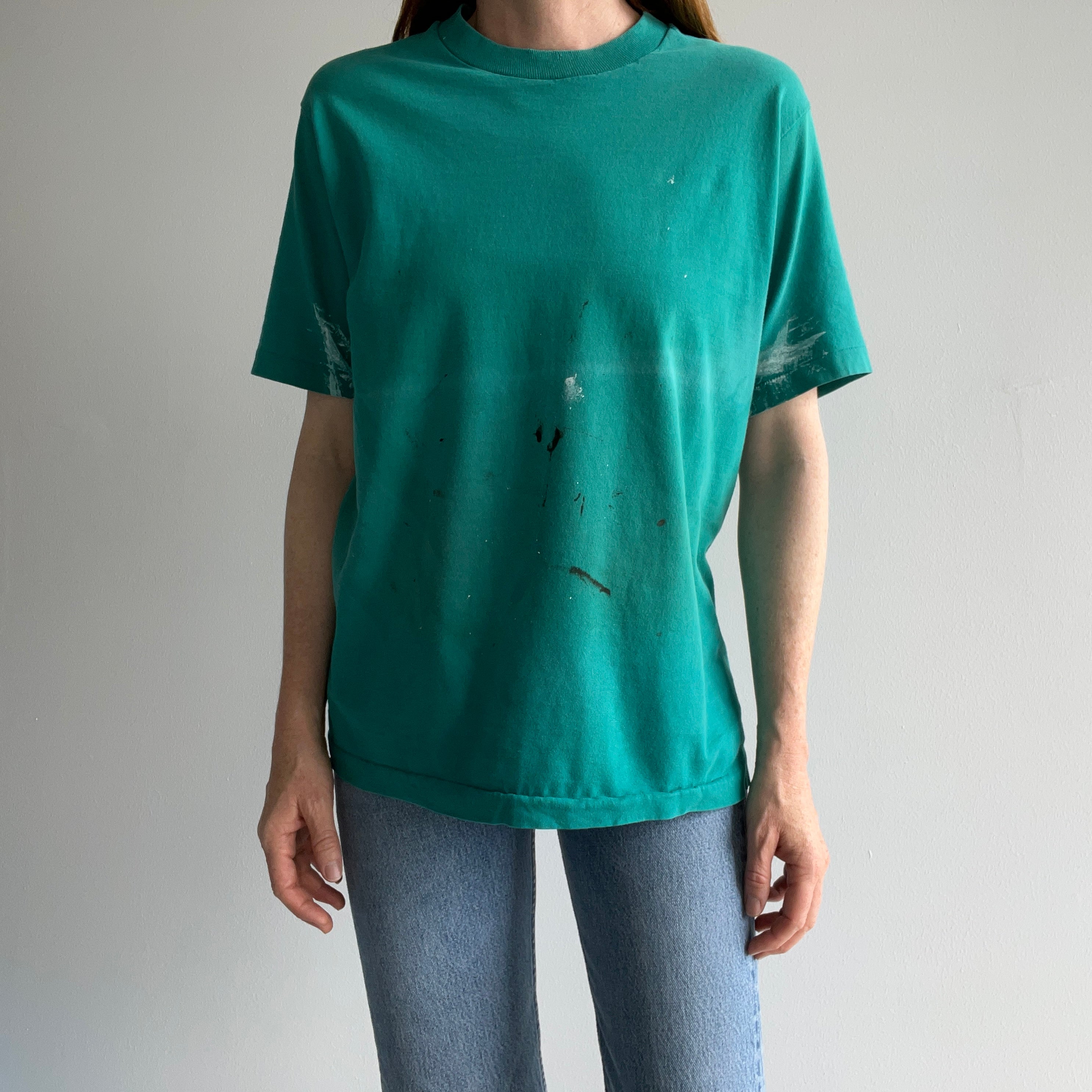 1980/90s Super Paint Stained an Beat Up Teal/Turquoise T-Shirt