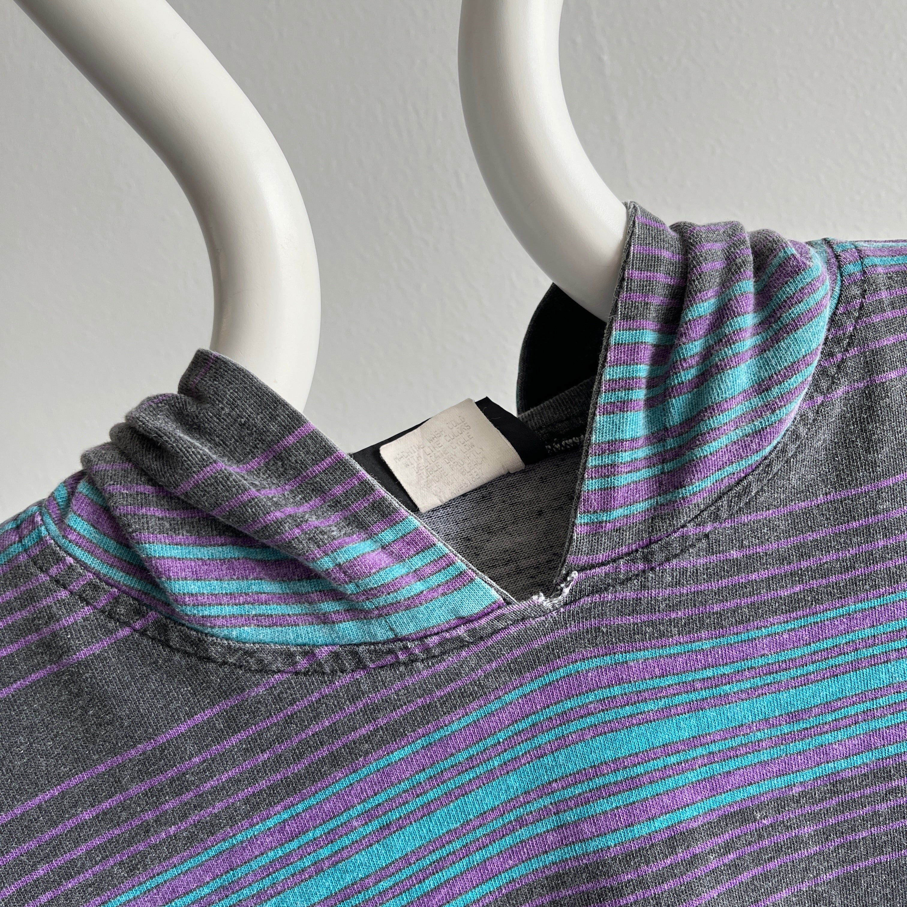 1980s Striped Short Sleeve Hoodie T-Shirt by Quicksilver - YES