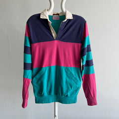 1980s Striped Rugby Polo Shirt with a Pouch - !!!