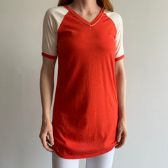 1970s Longer Two Toned V-Neck Baseball Ring T-Shirt/Mini Dress??