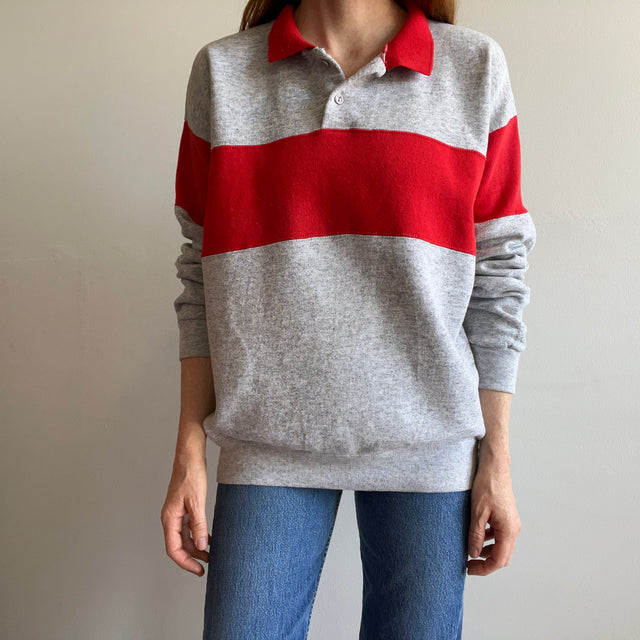 1980s Color Block Polo Sweatshirt - Red and Gray