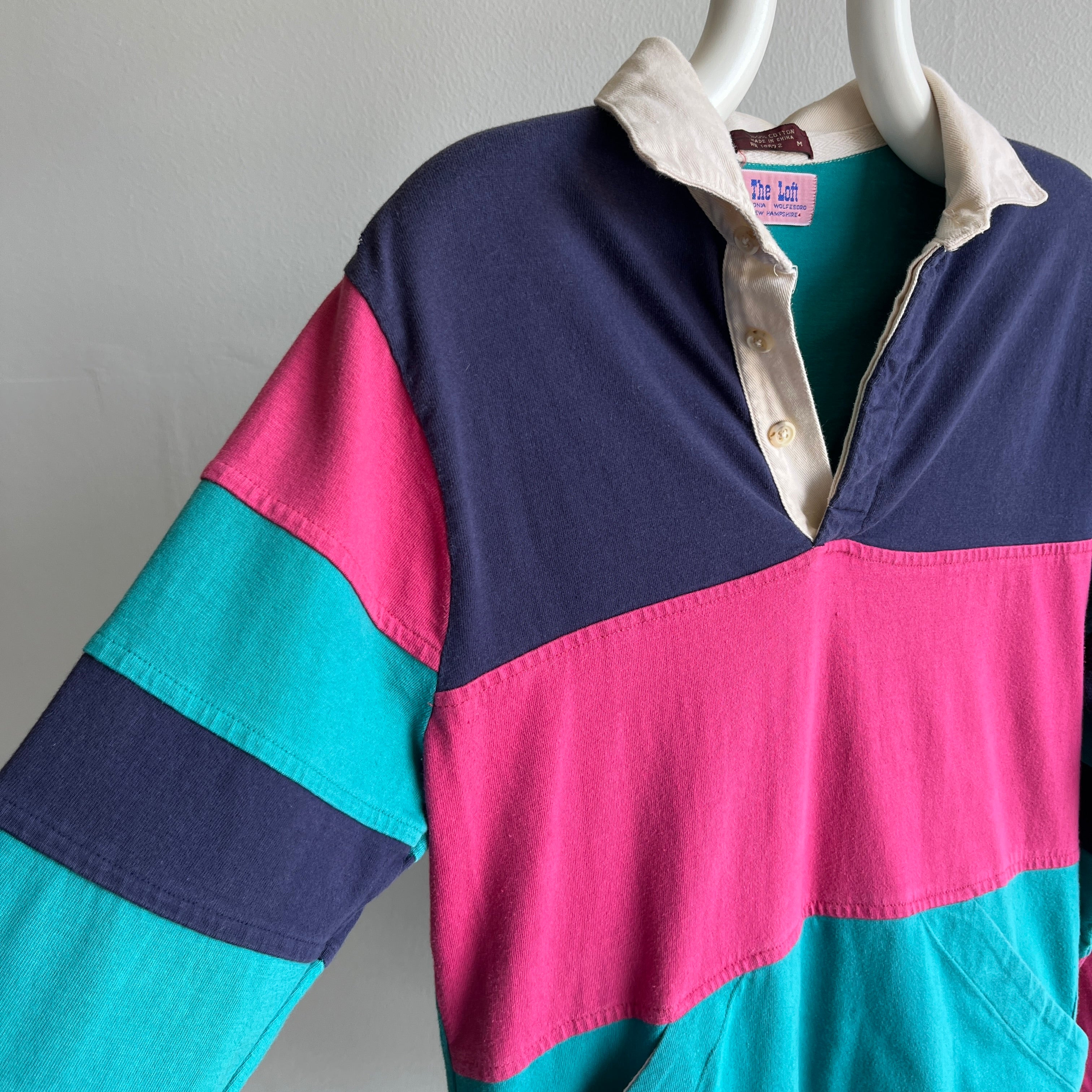 1980s Striped Rugby Polo Shirt with a Pouch - !!!