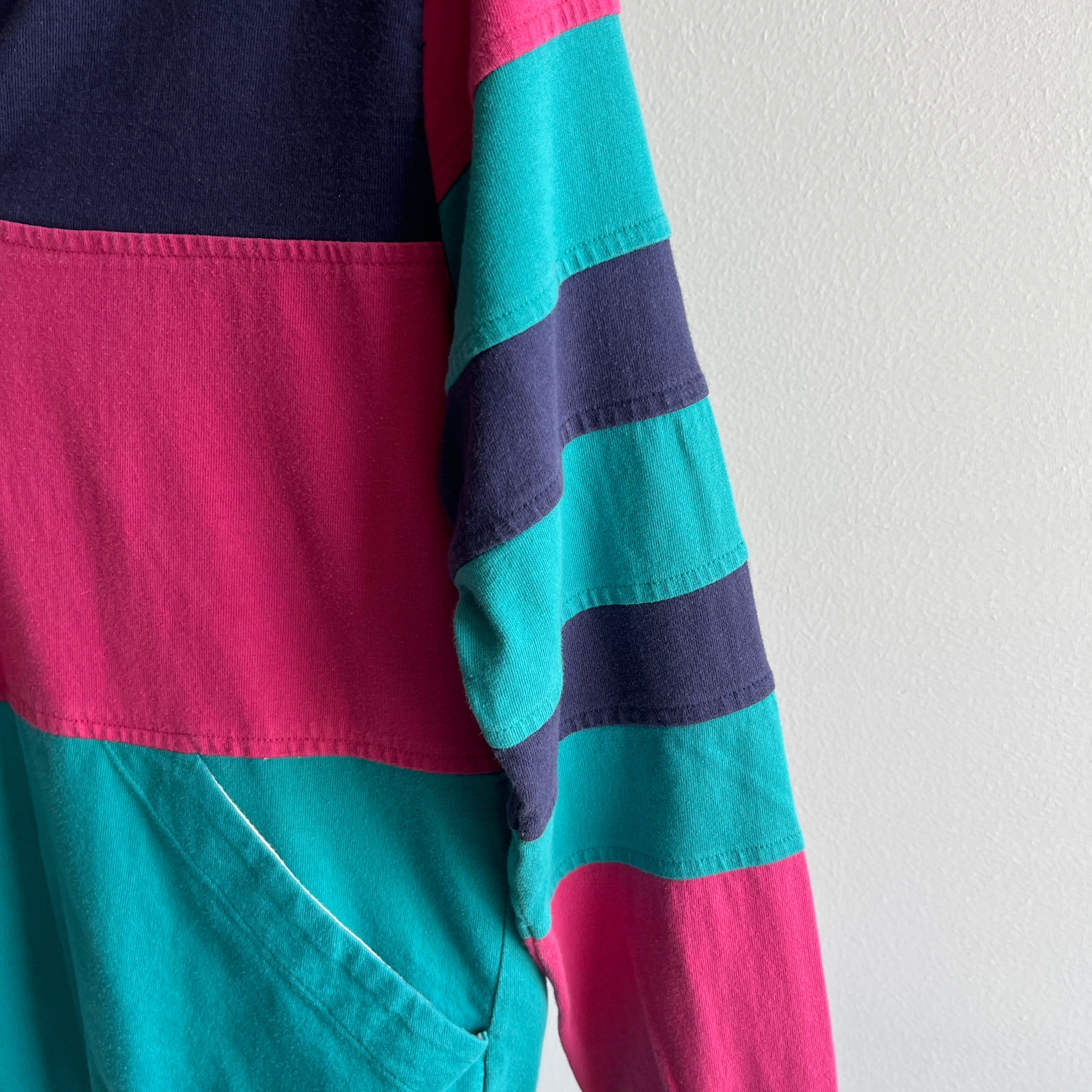 1980s Striped Rugby Polo Shirt with a Pouch - !!!