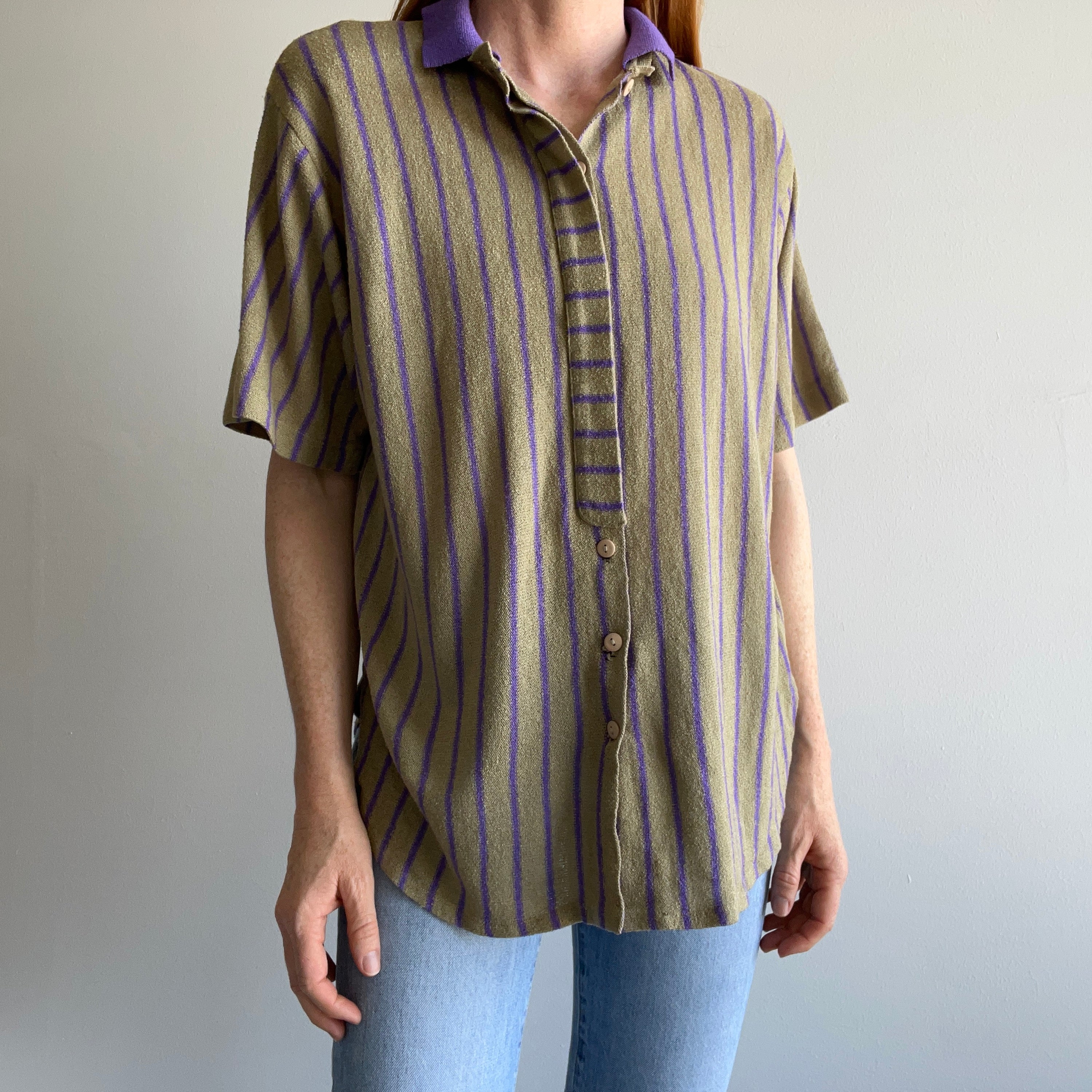 1980s Unusual Super Cool Striped/Button Down Shirt Sleeve Knit