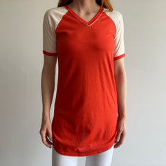 1970s Longer Two Toned V-Neck Baseball Ring T-Shirt/Mini Dress??