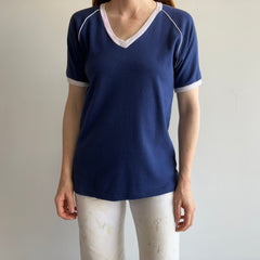 1970s Navy and White Soft Jersey Knit V-Neck Ring T-Shirt