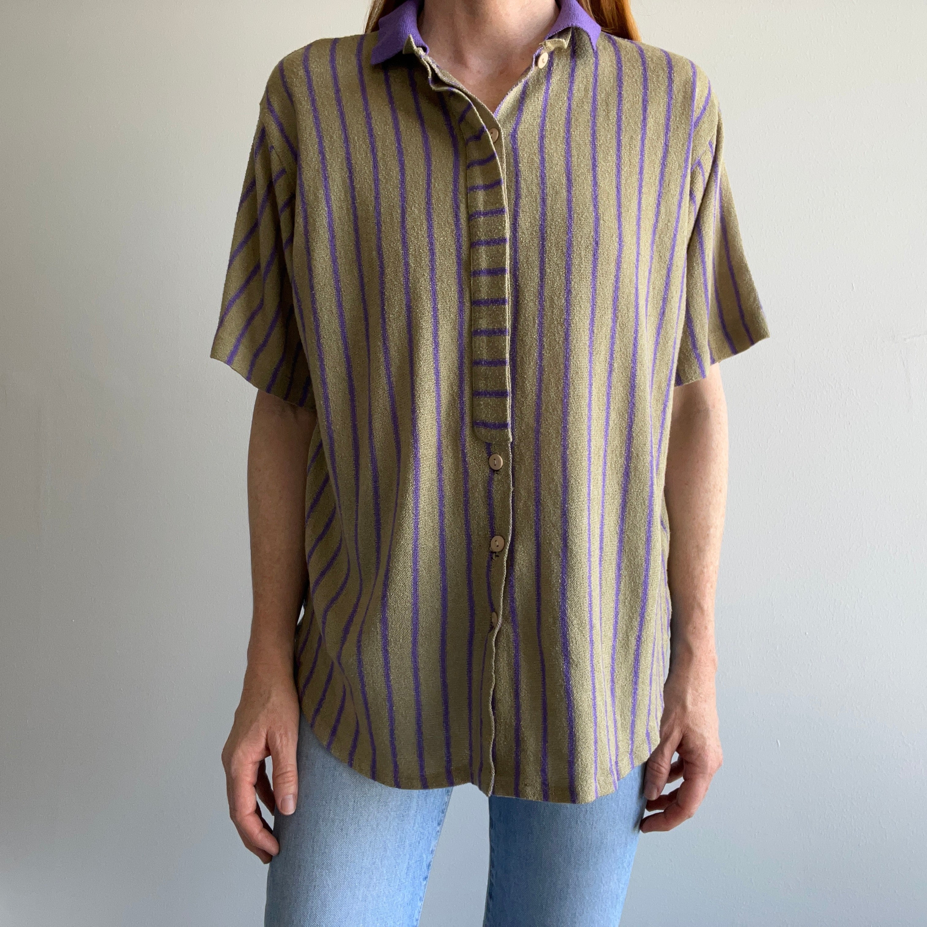 1980s Unusual Super Cool Striped/Button Down Shirt Sleeve Knit