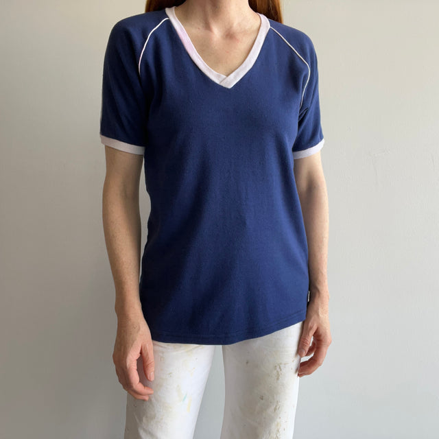 1970s Navy and White Soft Jersey Knit V-Neck Ring T-Shirt