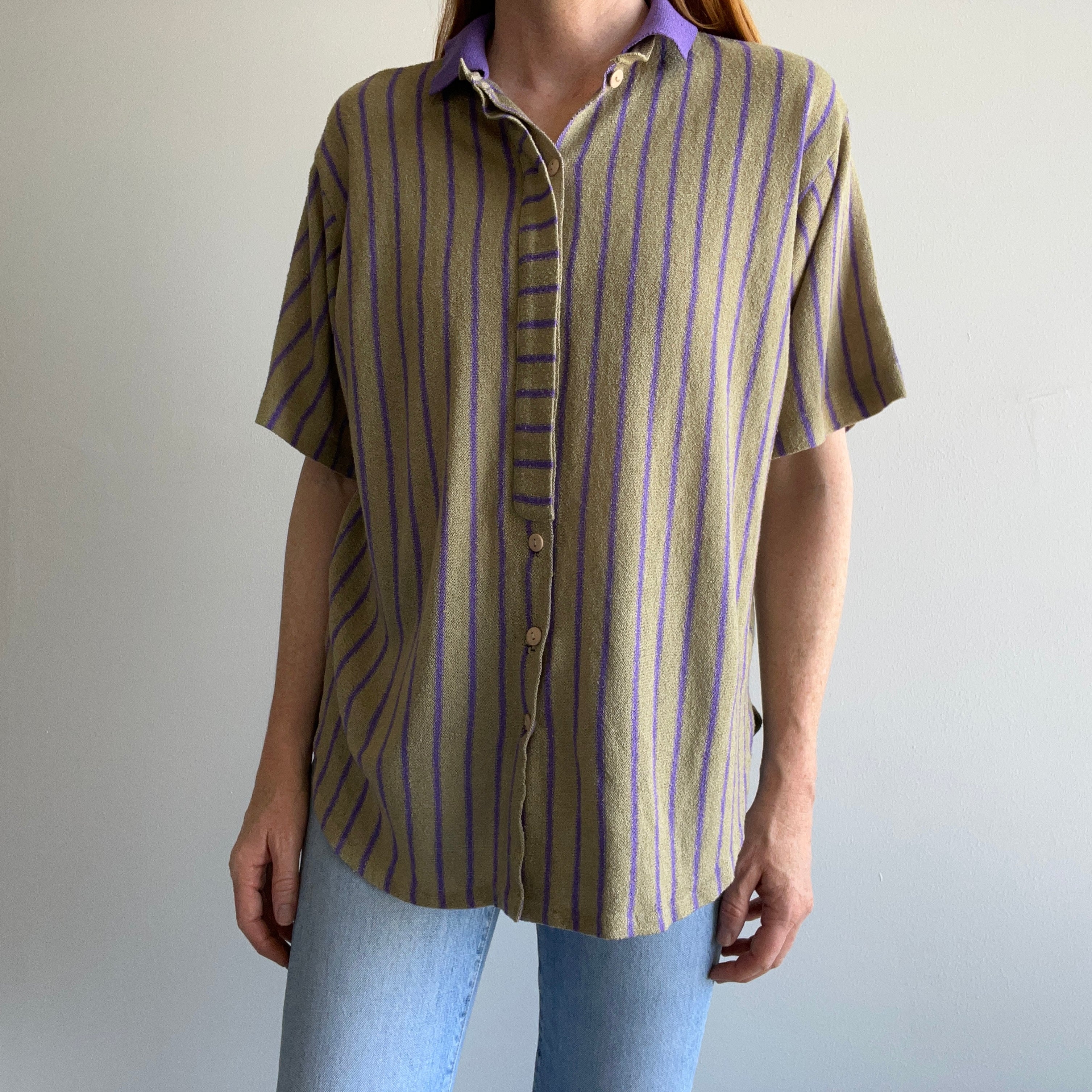 1980s Unusual Super Cool Striped/Button Down Shirt Sleeve Knit