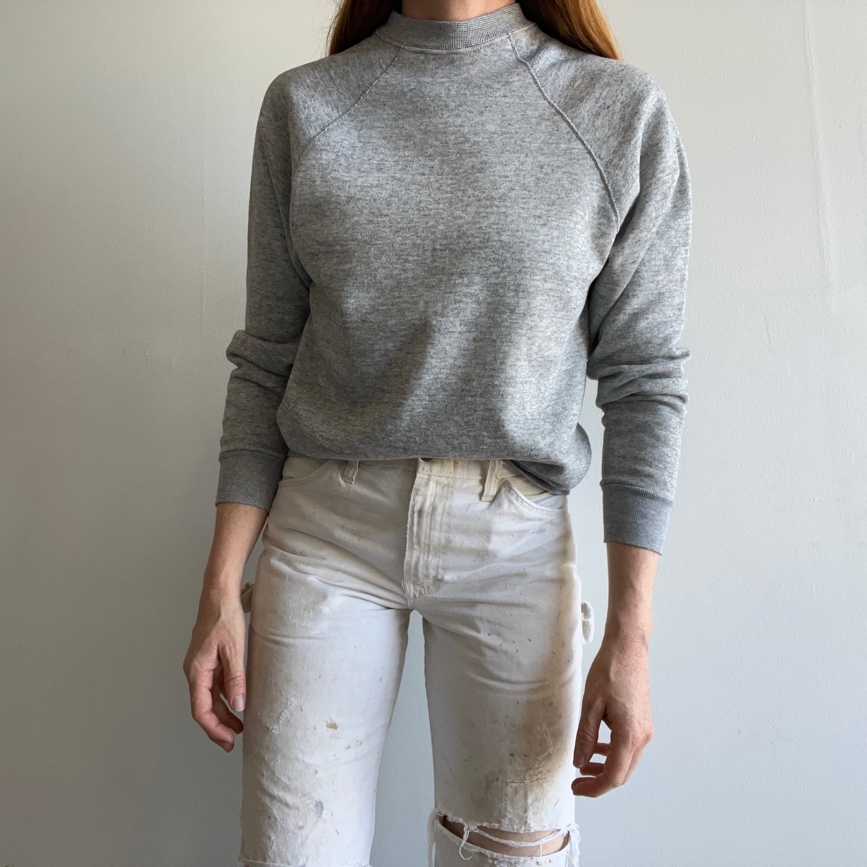 1980s Blank Gray Sweatshirt with a Little Sleeve Mending