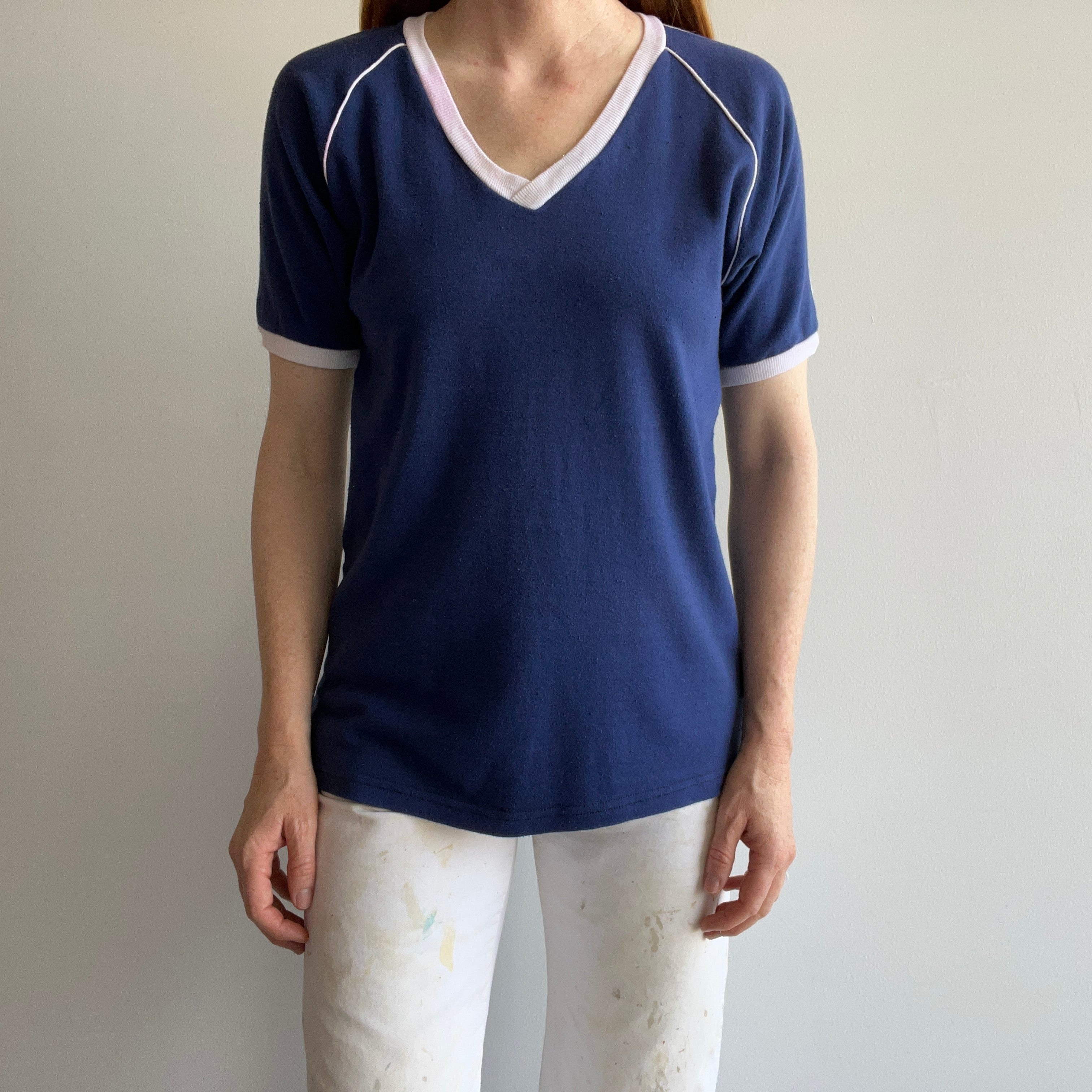 1970s Navy and White Soft Jersey Knit V-Neck Ring T-Shirt