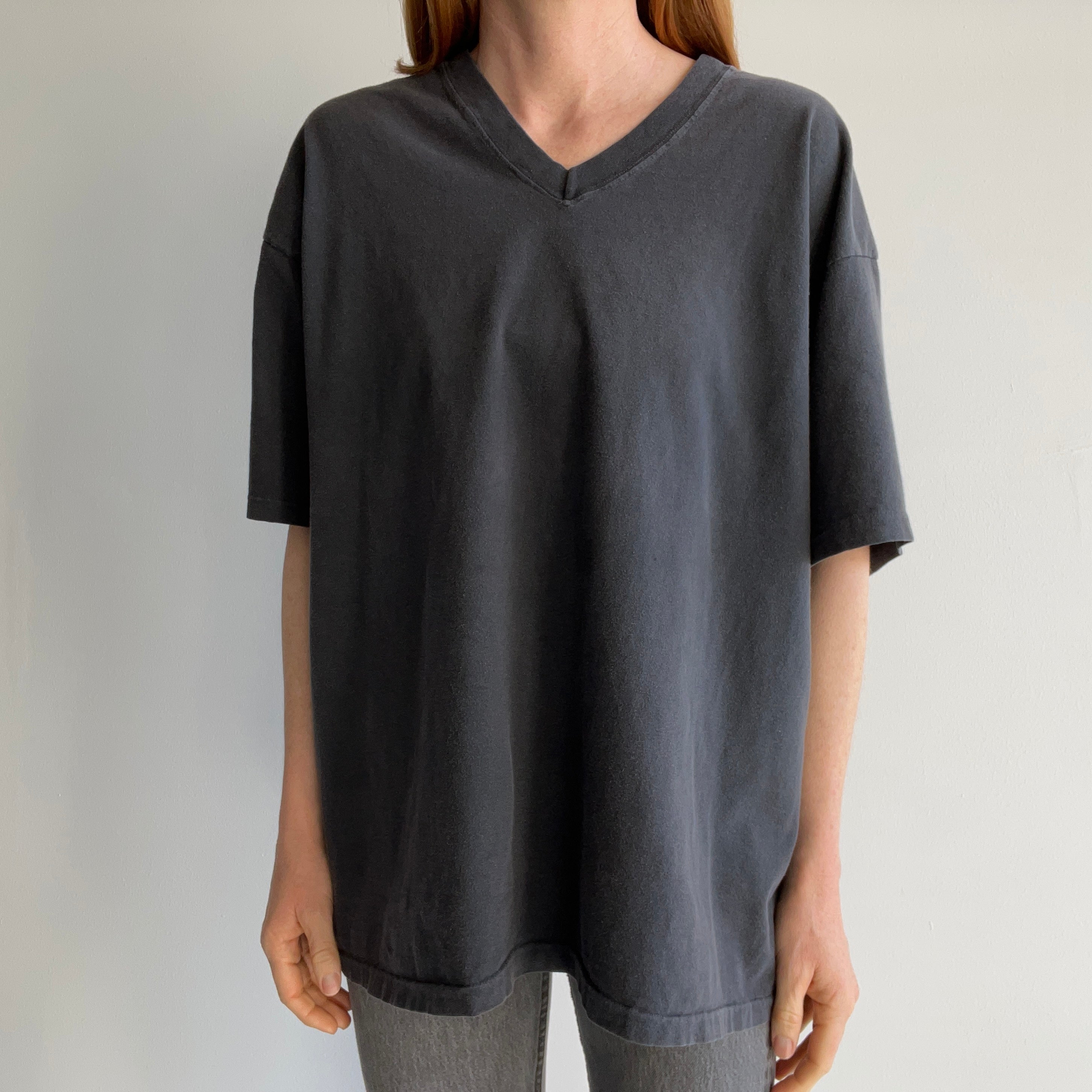 1990s USA Made Gap V-Neck Faded Black Cotton T-Shirt